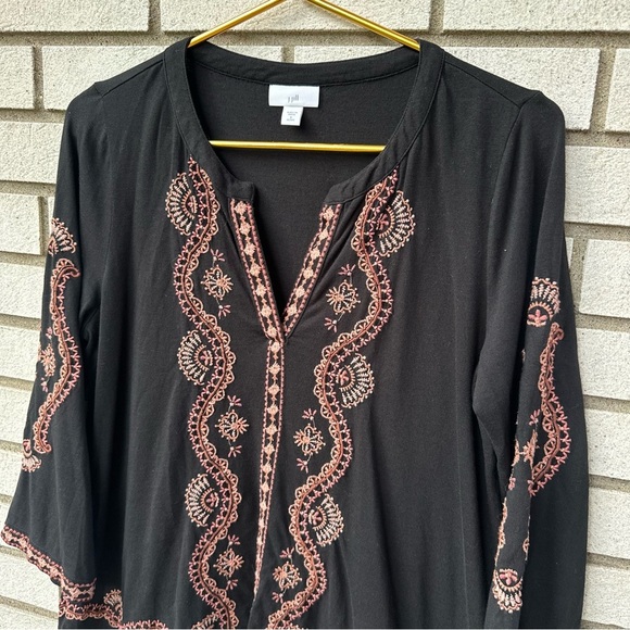 J.Jill Petite S Black Pink Embroidered Bell Sleeve Boho Tunic Top India - Picture 4 of 10